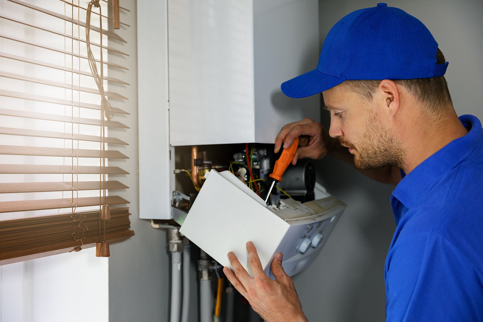 Expert technician heating installation installing a new furnace